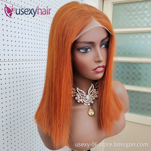 Wholesale prices custom logo 100 virgin human hair frontal wig ginger orange color bone straight super double drawn hair bob wig